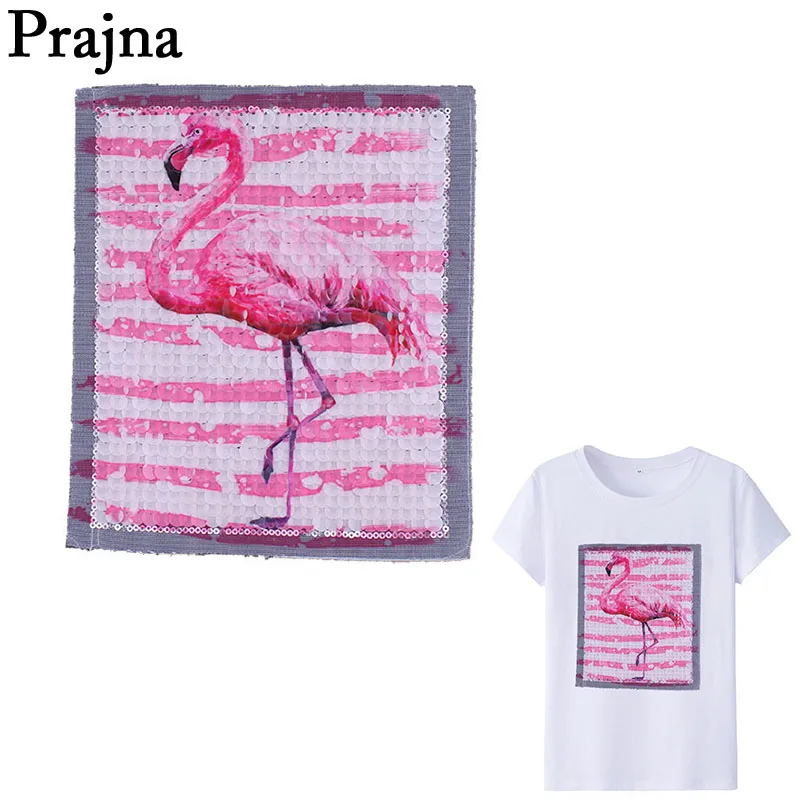 

Prajna New Pink Flamingos Sequin Patch Sew On Embroidered Patches For Clothing Stripe Applique Bag Jeans Badge Craft E