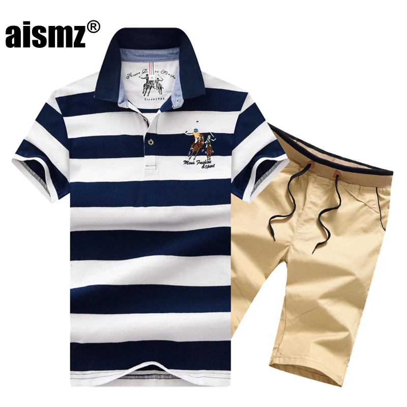 Aismz новые летние Для мужчин спортивной полосатый костюм Для мужчин Moletom Masculino костюмы Sweatsuit Для мужчин s футболка с короткими рукавами поло
