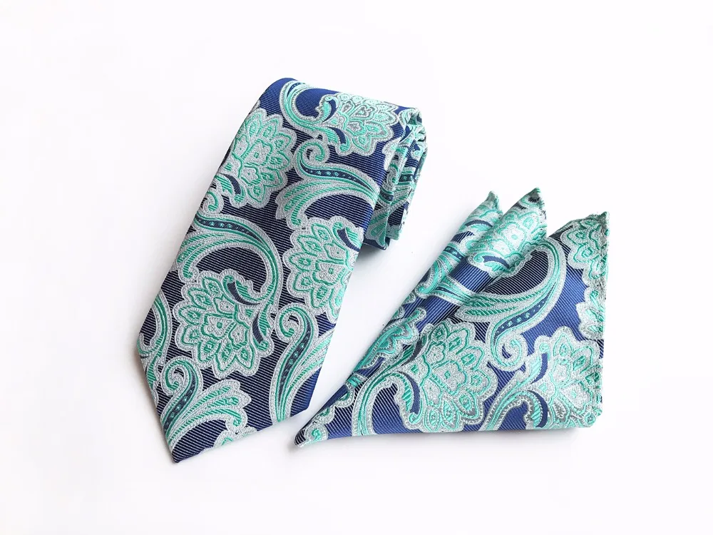 Designer's Men Tie Hanky Sets Blue with Mint Green Floral Necktie with