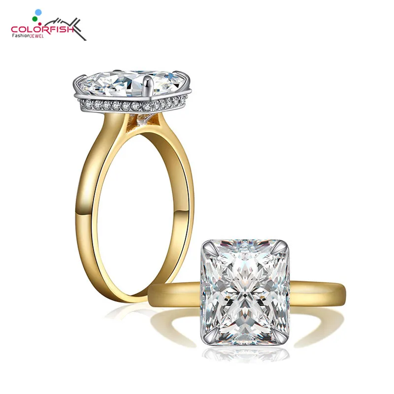 COLORFISH Luxury 4 Carat Princess Cut Sona Solitaire Engagement Ring Gold Color Tow Tone 925 Sterling Silver Ring For Women 