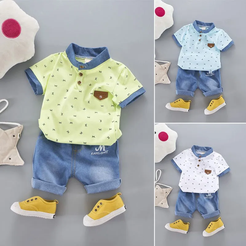 Newborn Baby Boy Clothing Set 3 Color Lapel Shirt shirt + Blue Jeans