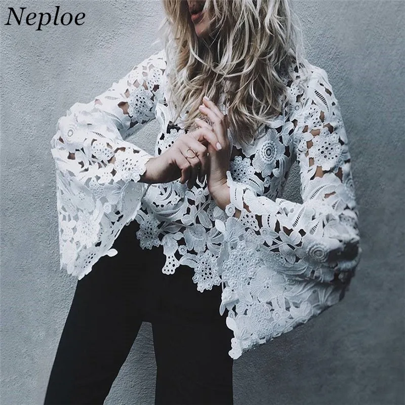 

Neploe 2019 Spring Hot Sale Women Lace Blouse European New Fashion Flare Sleeve Shirts Streetwear Casual Female Blusas 66759