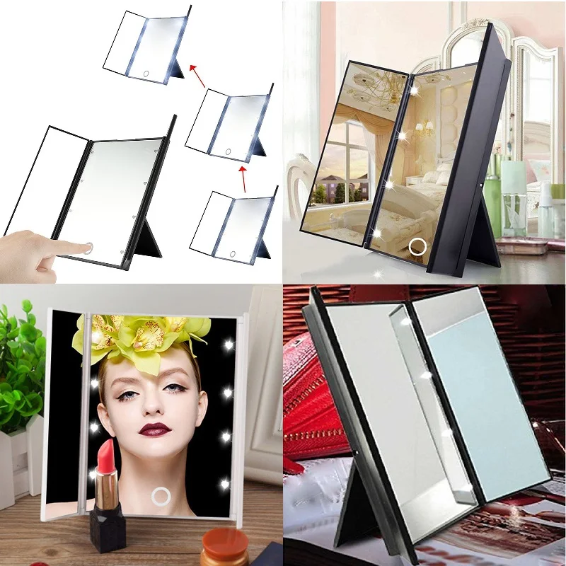

Hot Selling Portable 3 Folding Makeup Mirror 8 LED Lighted Cosmetic Vanity Tabletop for Women Beauty Makeup DROP SHIP
