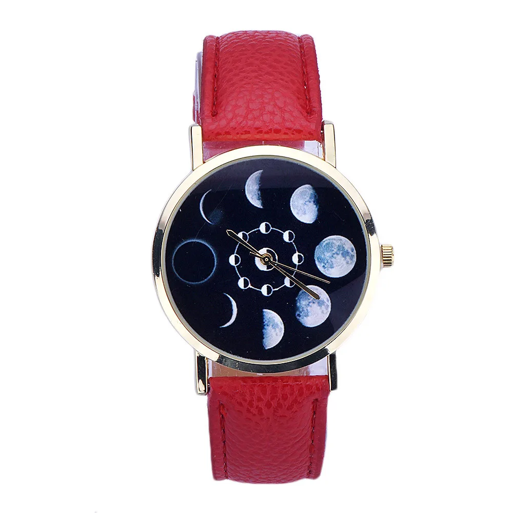 Великолепные солнечные Moon Phase Lunar Eclipse часы женские Стильные кварцевые часы из искусственной кожи браслет часы женские s часы