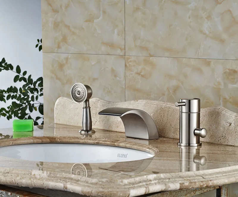 

Deck Mounted 3pcs Single Handle Bathtub Faucet With Hand Shower Nickel Brushed