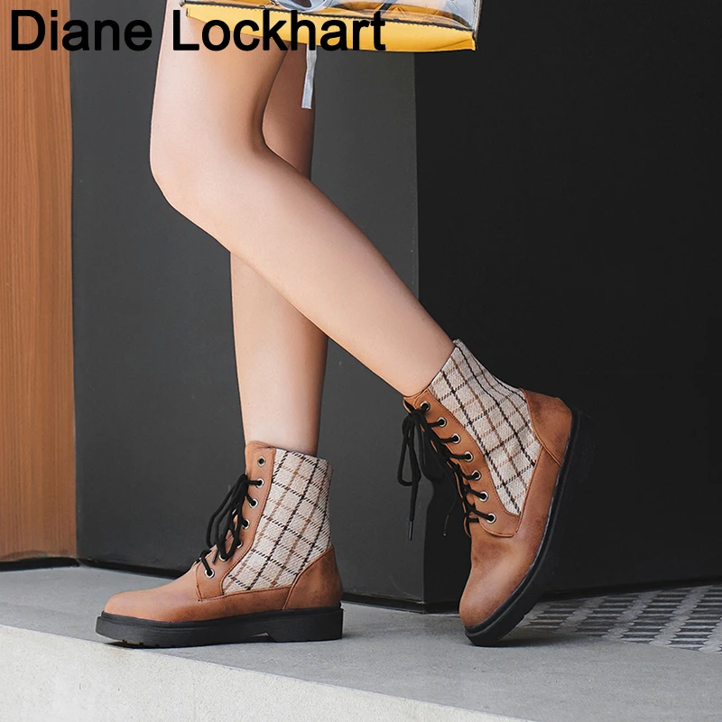 

Autumn Winter Ankle Boots Women Plaid Pattern botas mujer Square Heel Warm Short Boots feminina Brand Lace-up shoes chaussures