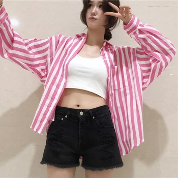 

Women Fashion Striped Lapel Collar Shirt Summer Long Sleeve Botton Dot Blouses All-match Loose blouses woman 2019