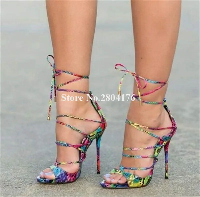 

Women High Quality Open Toe Coloried Snake Leather Thin Heel Gladiator Sandals Lace-up Colorful Straps High Heel Sandals