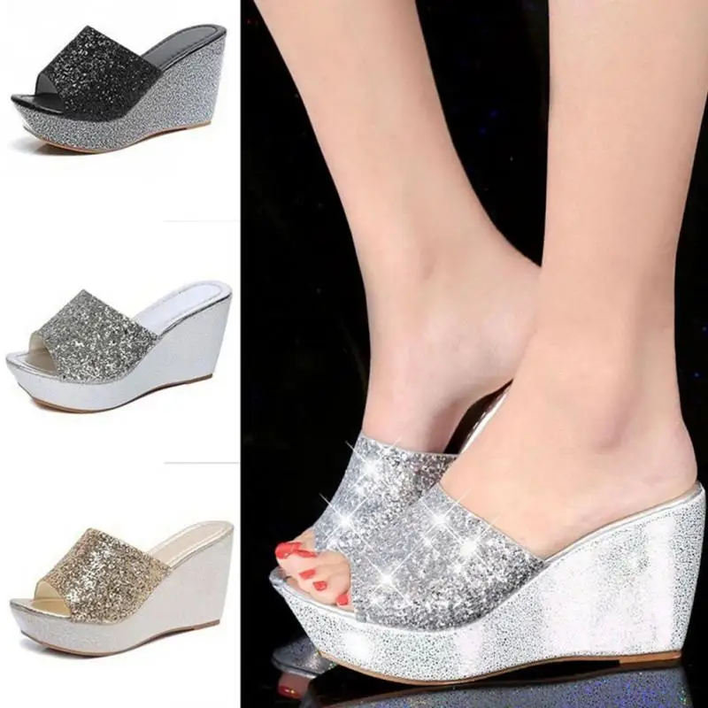 

Summer Women Casual High Heel Wedge Skid Slippers Sandals Silver Bling Flip Flops Shoes ladies wedge heel Platform shoes