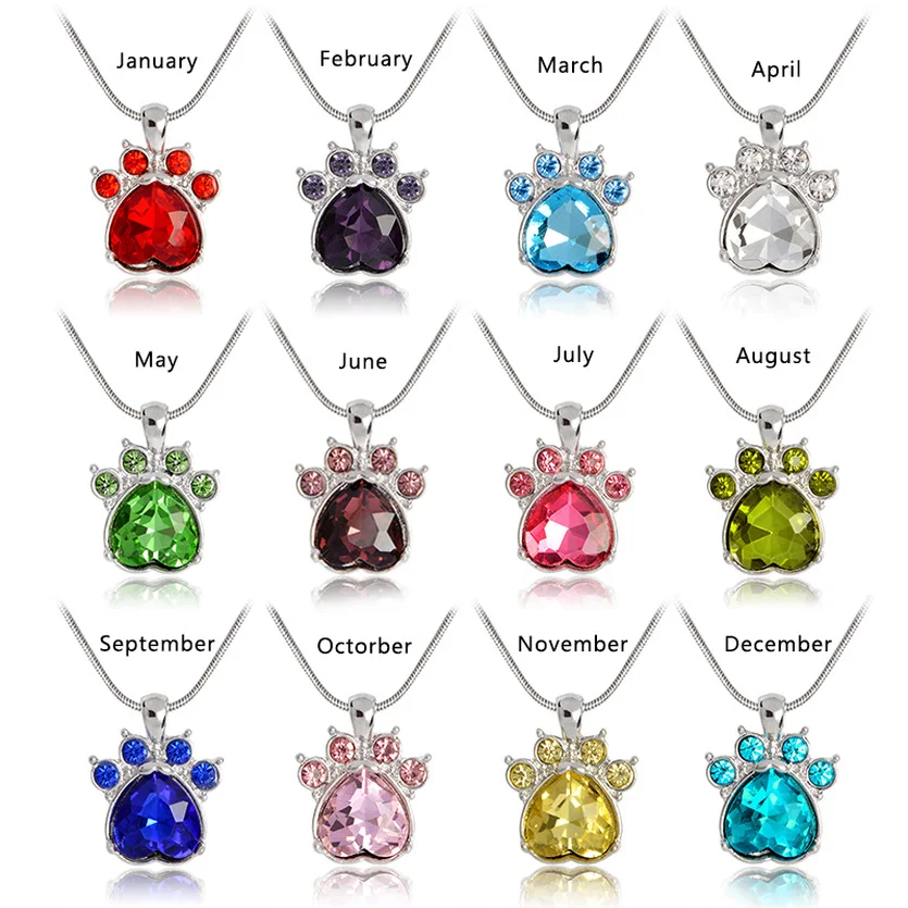 

12 Months Birthday crystal paw pendant necklace Animal Claw Jewelry Dog Cat Kitten Pet Necklace Gift for Friends Family 2019