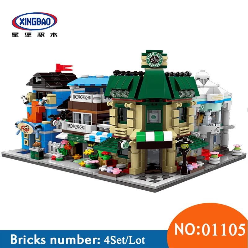

XingBao 01105 Genuine 1079 Pcs The Coffee Shop Wedding Store Flower Shop Pet Shop Set 4 in 1 Building Blocks Bricks Toys Gifts