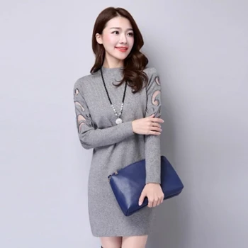 

Autumn Winter Lace Knitted Sweater Women Pullover Half Turtleneck Hollow Out Sleeve Sweater Female Plus Size Slim Sweater F287