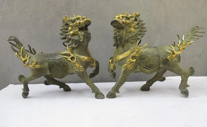 

bi002714 China Feng Shui old Bronze Evil Door Foo Fu Dog Lion Fire kylin Kilin beast Pair