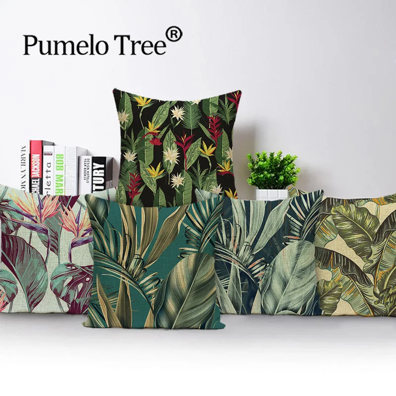 

Tropical Print Decoration Throw Pillow Covers Jungle Home Decor Cushions Case Green Flax Cushion Cover Rainforest Pillows Cases