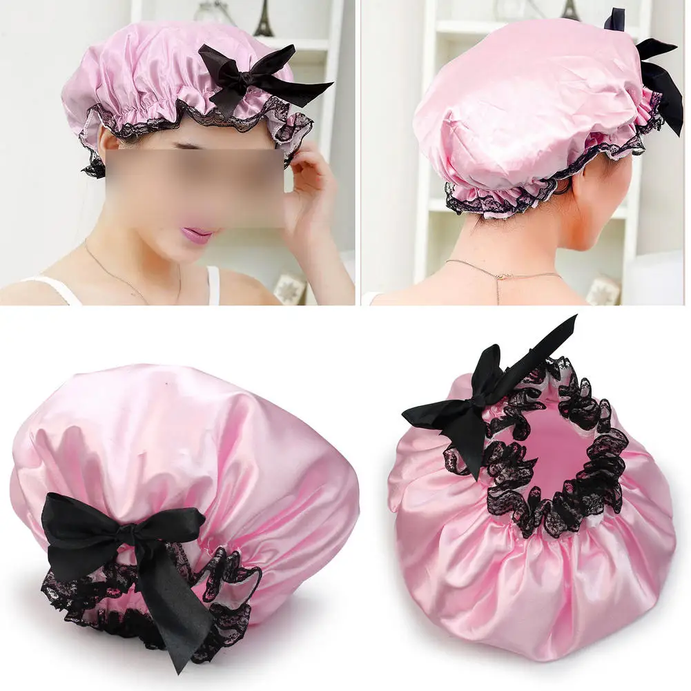 

Ribbon Waterproof Shower Caps Elastic Band Lace Bow Hat Hair Bath Shower Bouffant Cap for Women Men