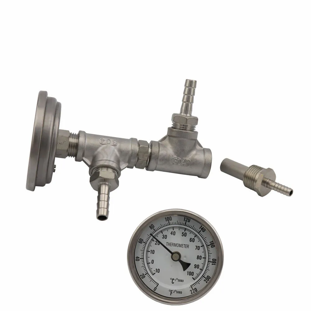 In-line Bi-metal Thermometer Assembly, 2 Micron Diffusion Oxygen Stone, 12 Tee, Hose Barb Fittings & Hex Nipple Plate Chiller (1)
