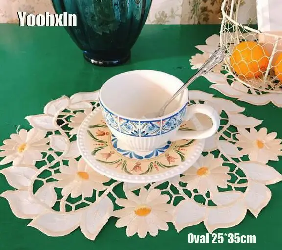 

Modern oval lace table place mat cloth embroidery tea placemat pad drink mug coaster cup Coffee wedding doily dining kitchen