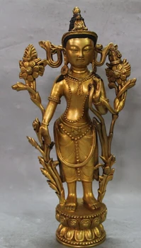 

shitou 002672 14" Marked Chinese Pure Bronze 24K Gold Station Lotus Green Tara Buddha Statue