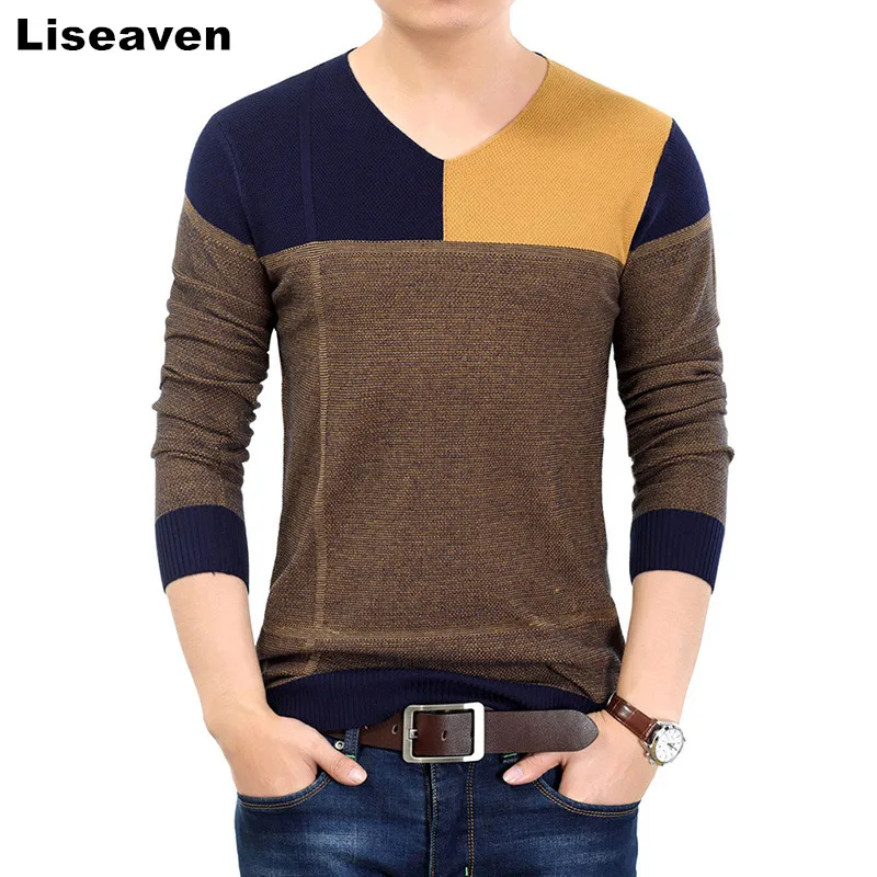 Liseaven Мужской пуловер, свитер Повседневный тонкий свитер пэчворк v-образный вырез мужской свитер Топы M-3XL
