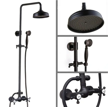 Bathroom Double Cross Handles Black Oil Rubbed Brass Wall Mounted Rain & Hand Shower Faucet Mixer Tap Set ars497 wall mounted polished chrome round rain shower faucet tub mixer tap dual cross handles hand held shower head acy351