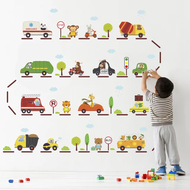 DIY Cartoon Animal Car wall stickers bus station home decor for kids baby nursery decal poster removable playroom mural