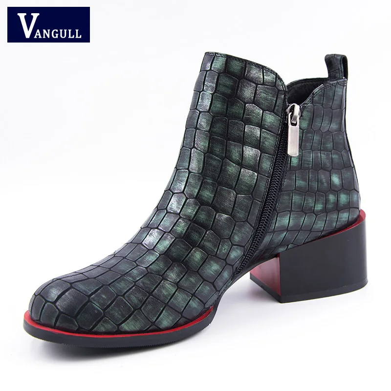 

Vangull Women Shoes New Spring ankle boots for women genuine leather Fashion Shoes Square heel Round Toe zip Stone grain Boots