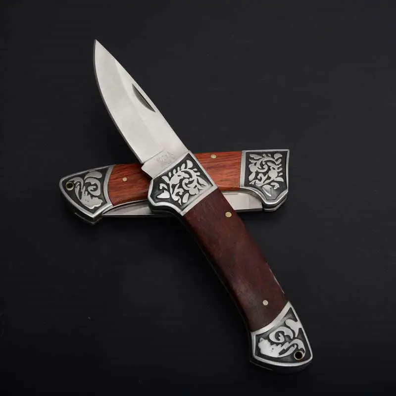 copper tactical folding knife steel blade wood handle rescue pocket edc tools  (7)