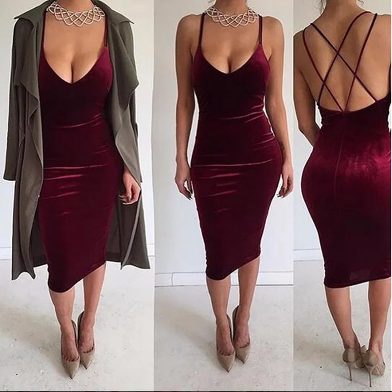 

Women Summer Dress 2018 Sexy Party V Neck Sleeveless Bandages Backless Velvet Dress Fashion Elegant Midi Sheath Dresses Vestidos