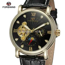 НОВЫЕ ПРИХОДЯТ! FORSINING FSG800M3G4 moon phase популярные дизайн для мужчин золотой цвет случае черный циферблат с камнями натуральной кожи