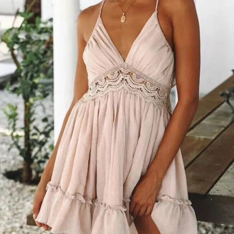 

Fashion Women Summer Dress Casual Lace Patchwork Mini Dress Beach Sundress Sexy Solid V-neck Backless Dress