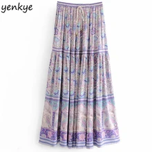 Летние юбки женские, с цветочным узором юбка в стиле бохо женские эластичные завязки на Высокая талия большие качели Плиссированные Повседневное длинная юбка DJF8229