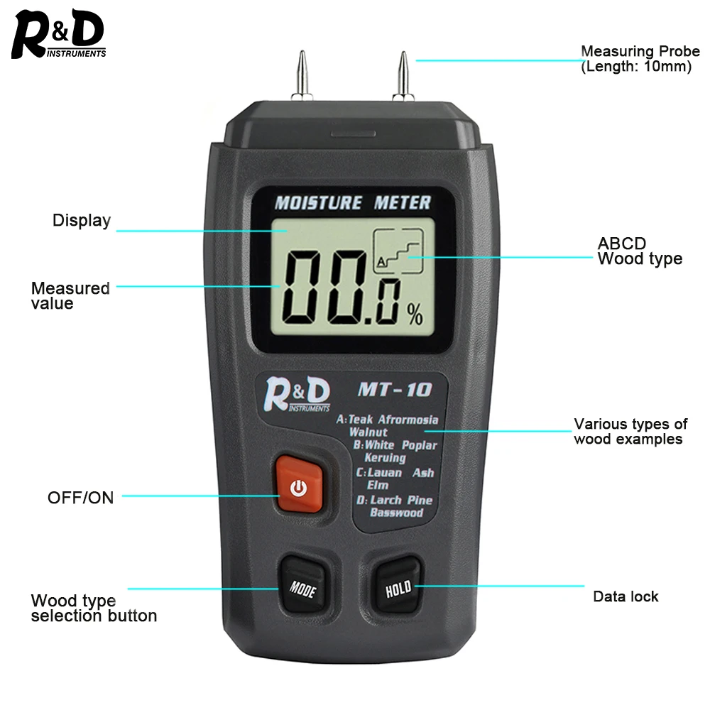 R& D MT-10 EMT01 измеритель влажности древесины гигрометр детектор влажности древесины плотность дерева цифровой тестер серый