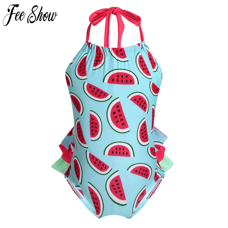

Kids Girls One-piece Halter Neck Watermelon Printed Pattern Swimsuit Summer Dress Swimming Suit Costume Bathing Suit