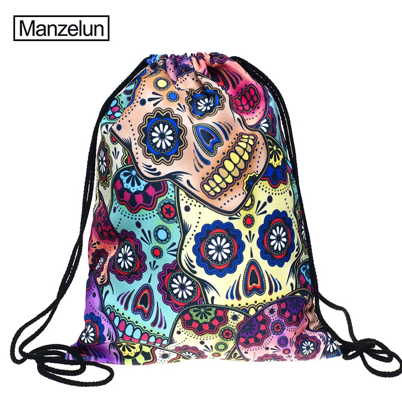 Skull Drawstring Storage Bags 3D Printed Oxford Backpack Travel Flowers Storage Organizer Tablets Cosmetic Luggage Organizer (5)