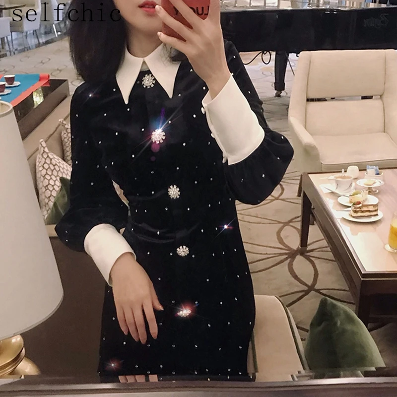 

Women Black Velvet Party Dress Runway 2019 Female Long Sleeve Diamond Vintage Dresses