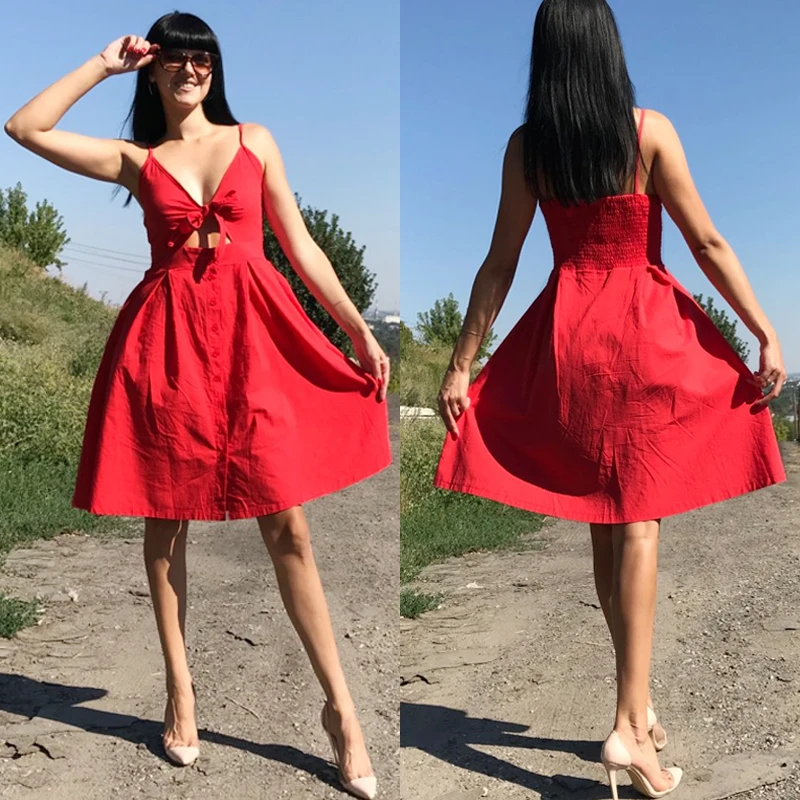 red  Polka Dots Print Deep V Neck Cami Dress 