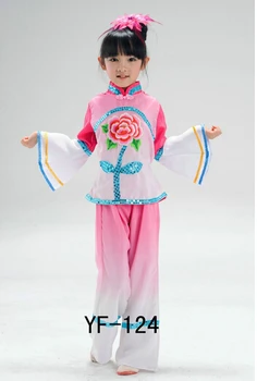 

children chinese classical dance costumes green pink girl handkerchief yangko fan umbrella dance costumes Jiangnan rain tea