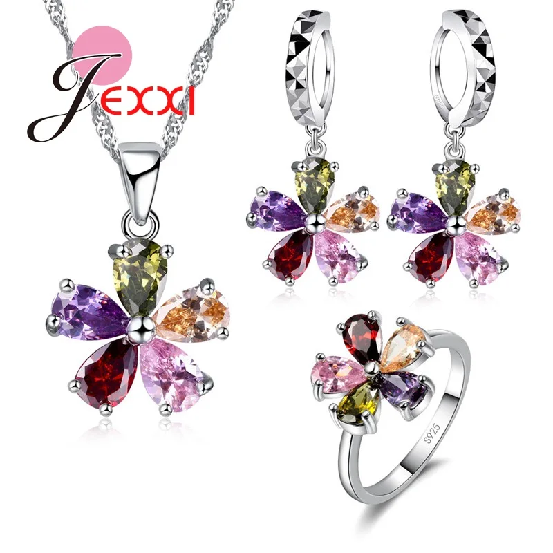 

JEXXI Five Colors Flower Jewelry Sets With Colorful Cubic Zircon Pendant/Necklace/Earrings/Ring 925 Sterling Jewelry Silver Set