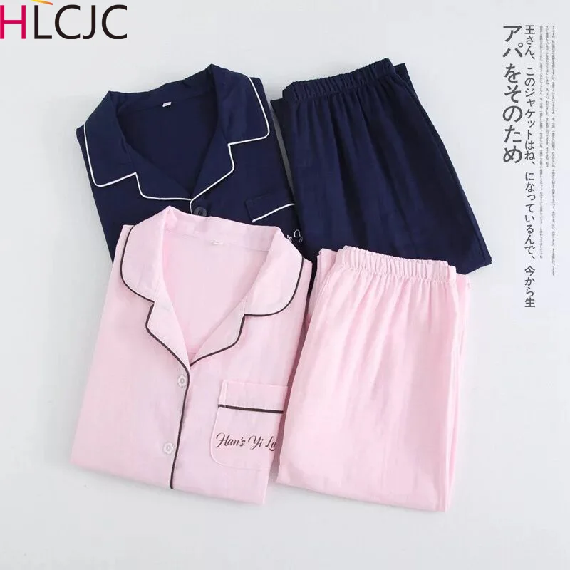 

High Quality Spring Autumn Gauze Cotton Couple Pajamas Set Long Sleeve Solid Pijama Plus Size Lovers Homewear Clothing Pyjamas
