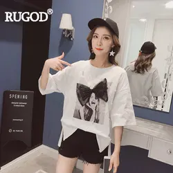 RUGOD женская футболка, однотонный бант, жемчуг, круглый вырез, топ, 2019 Новое поступление, летняя модная женская Повседневная футболка
