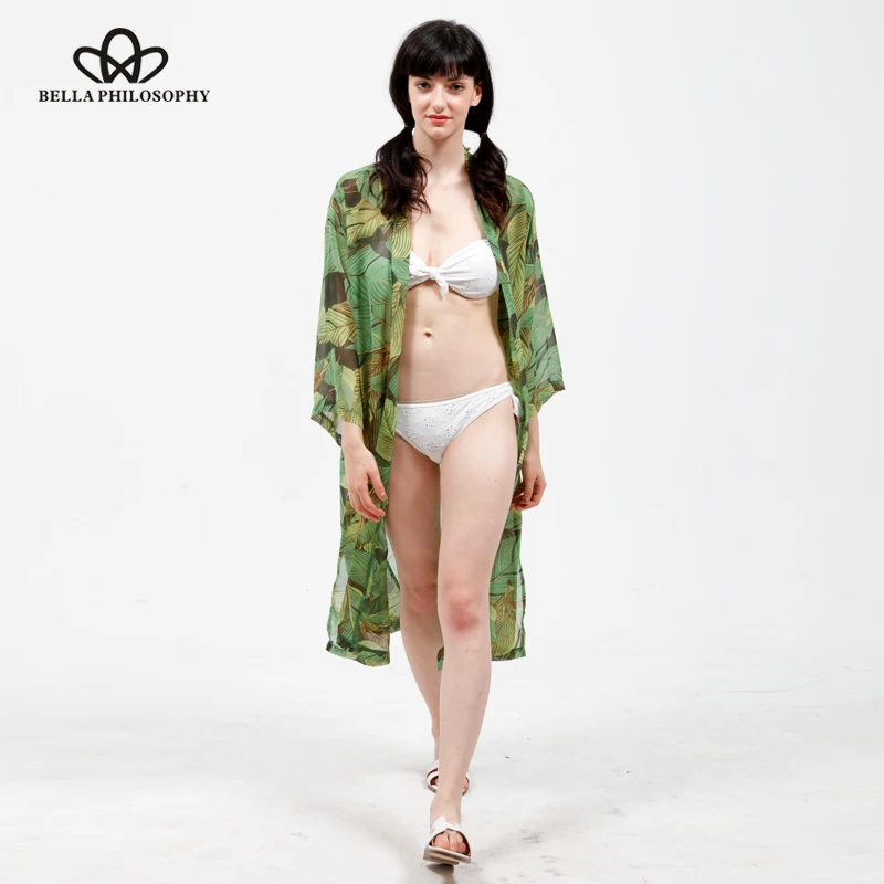 

Bella Philosophy 2017 spring summer new wholesale long chiffon green leaf print beach long chiffon kimono jacket shirt