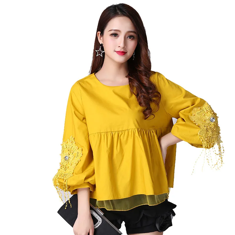 

Europe 2018 Autumn New Women Blouses Ans Tops Loose Flower Casual Fashion lantern sleeve Lace Ladies Shirt Women Clothing