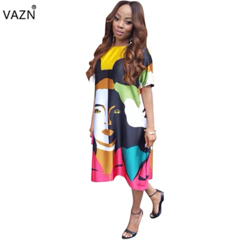 

VAZN Summer 2019 New Arrive Famous Brand Women Casual Style Character Short Sleeve Loose Vacation Overalls Midi Dress LSL6284