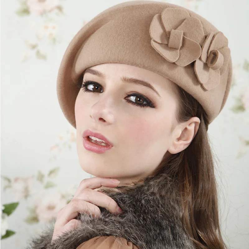 2017 Корейский Прекрасные моды jiexijie осень-зима берет шерсть шляпа с капюшоном Для женщин английский шляпа высокого качества цветы