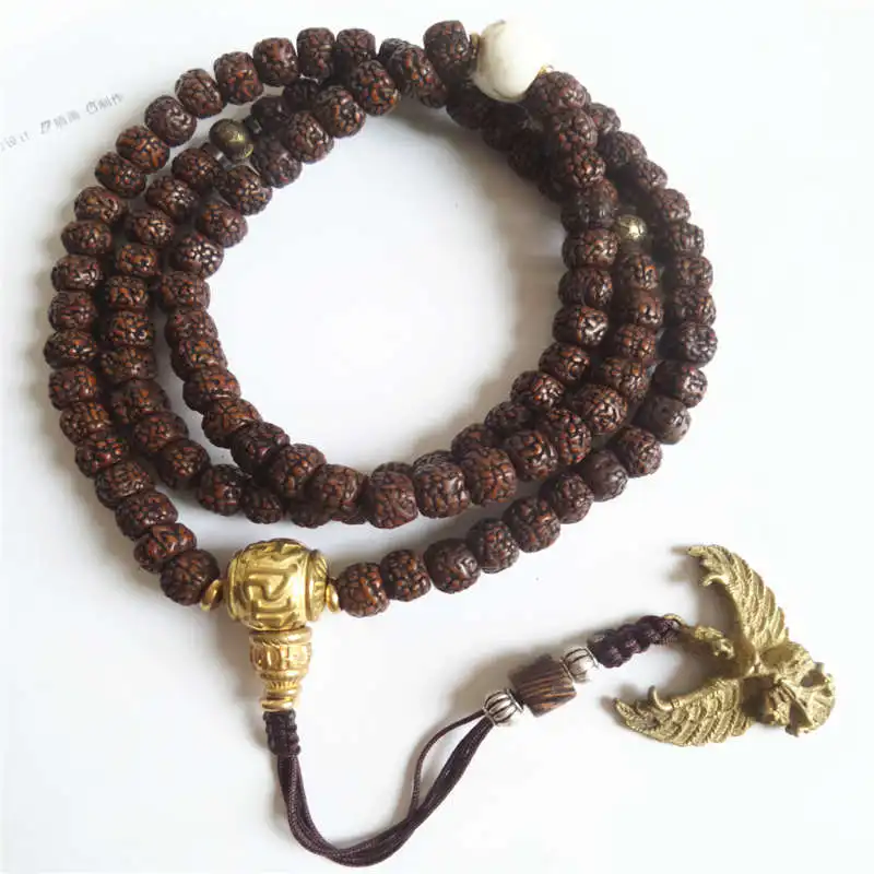 Медный амулет BRO691 тибетский рудракша bodhi Mala С золотыми бусинами мантры украшения