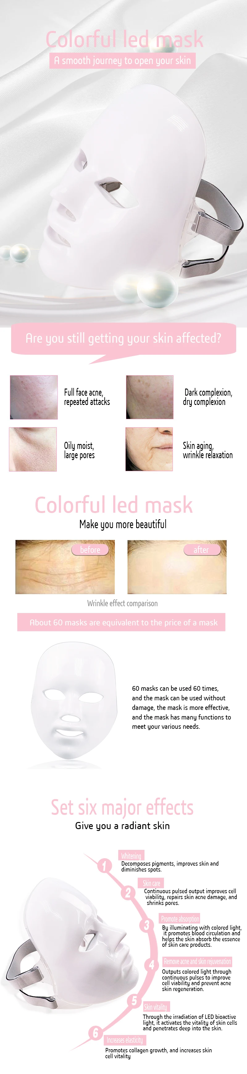 7 Cores Led Máscara Facial com Terapia Photon Rejuvenescimento da Pele Cuidados para o Rosto Anti Acne Clareamento Elétrica Instrumento de Beleza Spa 6 da pele cuidados faciais anti acne terapia