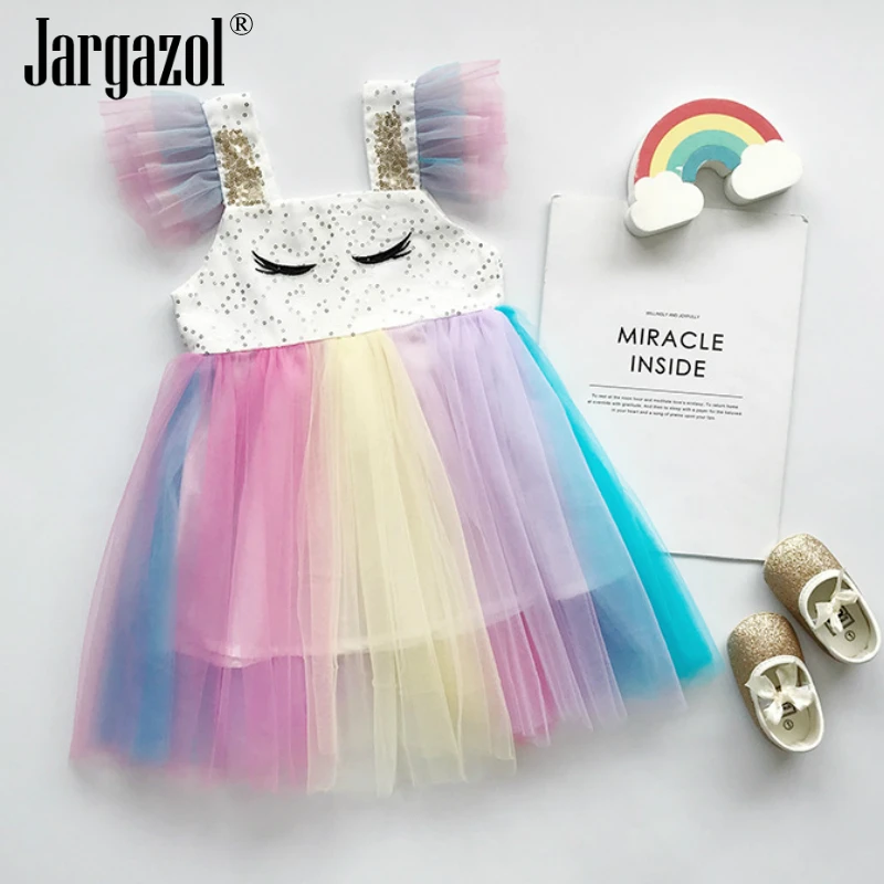 

Fashion Girls Dress Sleelvess Colorful Rain Baby Girl Dress Summer Princess Sequin Dress Toddlers Children Elegant Clothing