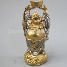 Bi0011598 Китай Чистая Бронзовый 24 К Золото Серебро Повезло Деньги Yuanbao Статуи Будды Майтреи