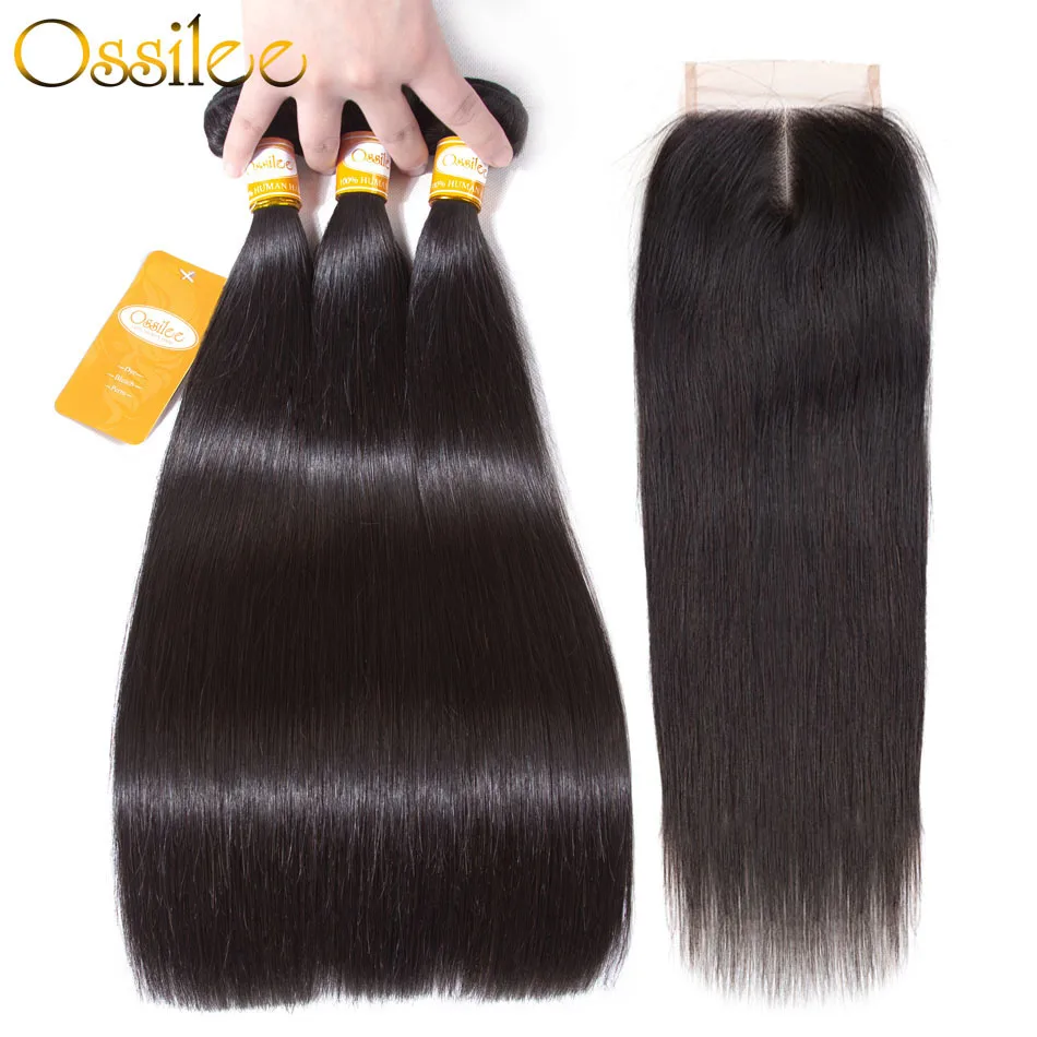 Ossilee Brazilian Straight Hair Bundles with Closure Weaves Human Hair 3 Bundles with Closure Remy Hair Bundles with Closure