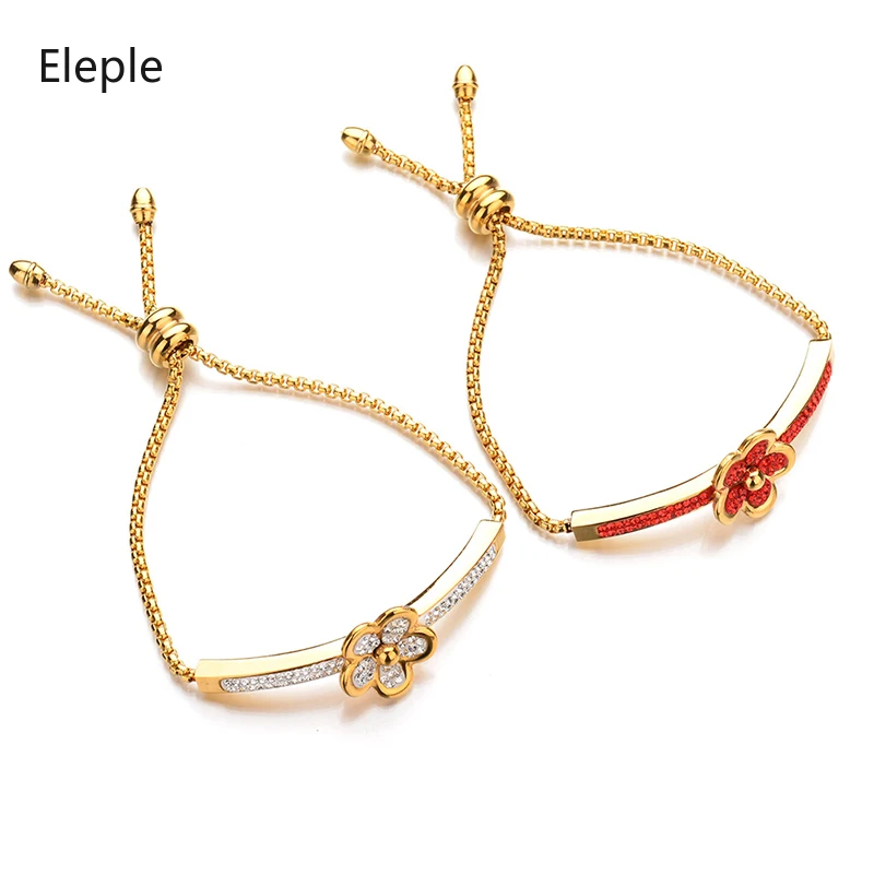 

Eleple Adjustable Flower Bracelet Stainless Steel Zircon Inlay Gold Color Hand Chain Gift for Women Mother's Day Jewelry S-B64